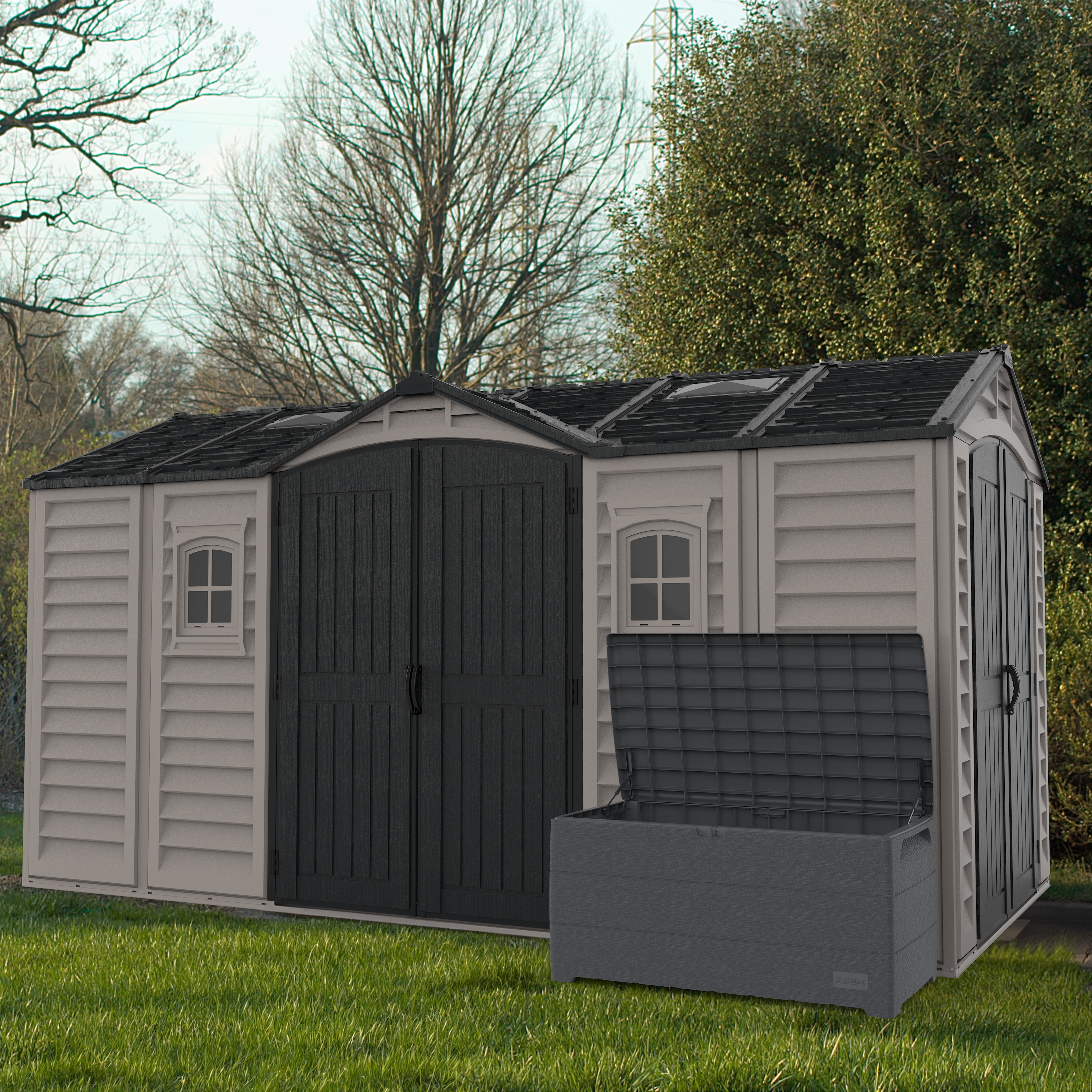 Duramax Vinyl Sheds Duramax 15 x 8 Apex Pro Vinyl Shed with Foundation, 2 Windows and 2 Doors