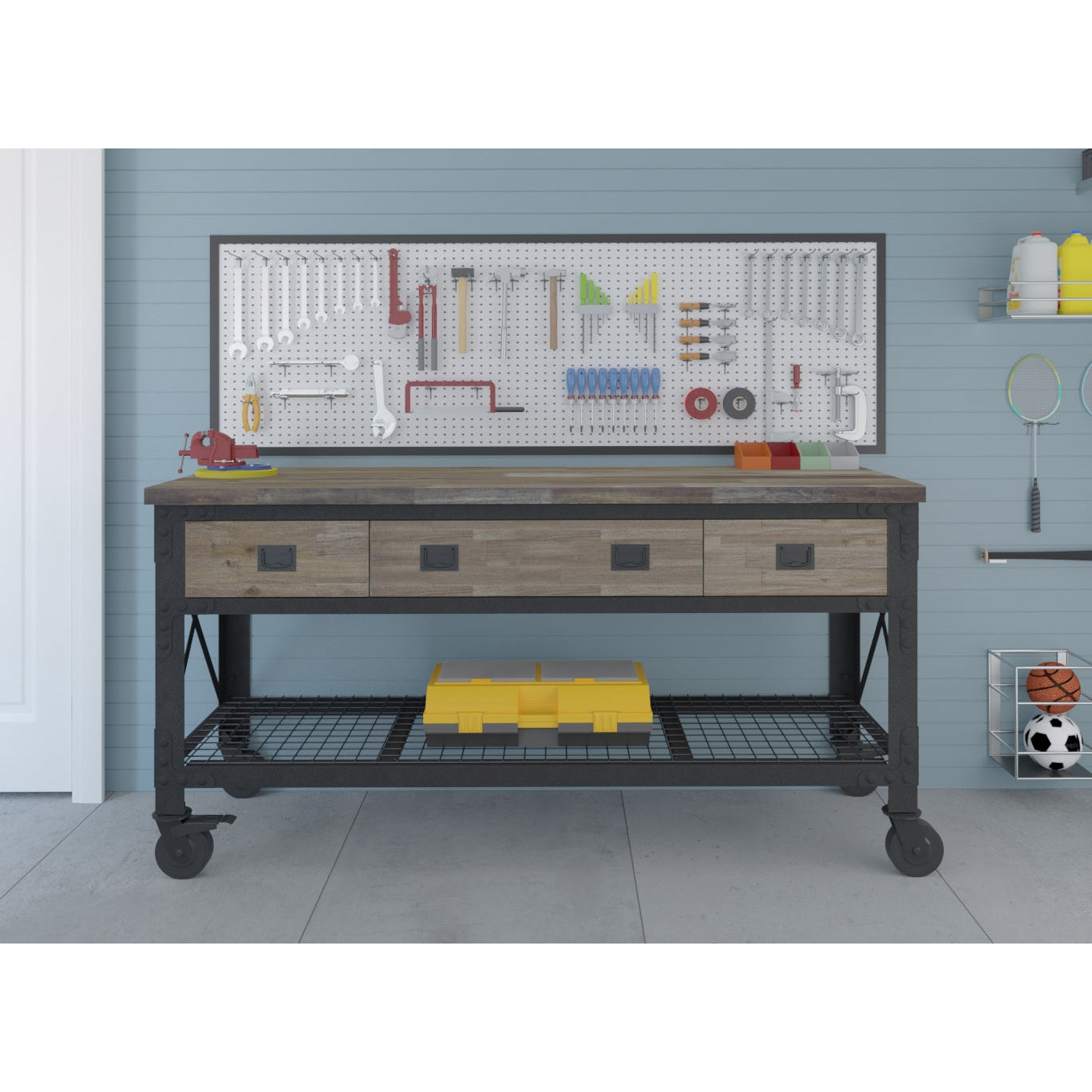 Durasheds garage storage Duramax Rolling Industrial Workbench 72 In x 24 In. 3 Drawer with Wood Top - Aged Macadamia